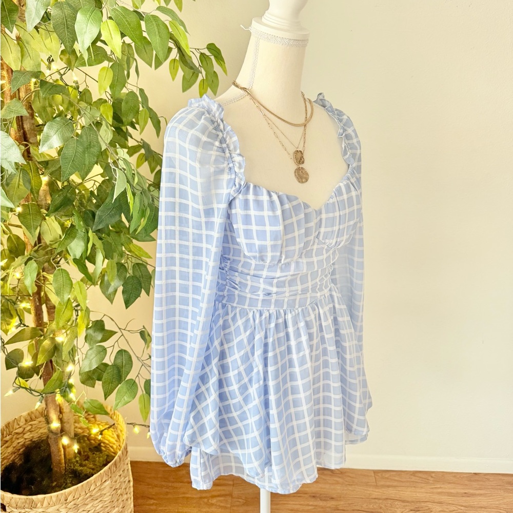Light Blue Plaid Smocked Mini Romper, Size Small - Picture 5 of 11
